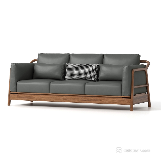 Gray Three Seater Sofa With Wooden Frame Armrests And Black White Checkered Cushion 3d model 
