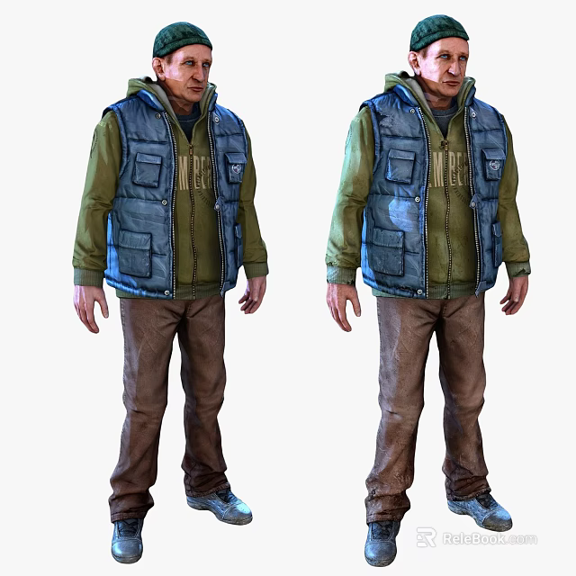 Hooded Man In Blue Vest Green Long Sleeve Shirt And Brown Pants With Multiple Pockets 3d model 