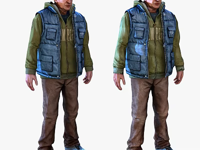 Hooded Man In Blue Vest Green Long Sleeve Shirt And Brown Pants With Multiple Pockets 3d model
