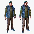 Hooded Man In Blue Vest Green Long Sleeve Shirt And Brown Pants With Multiple Pockets