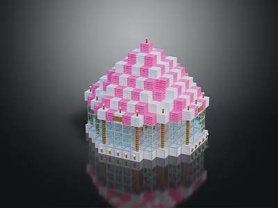 Cute Pixel Art Building With Pink White Checkered Roof And White Base Structure 3d model