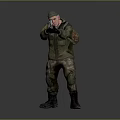 A Man in Camouflage Clothing With Hat Backpack and Rifle in Standing Pose Against Gray Background