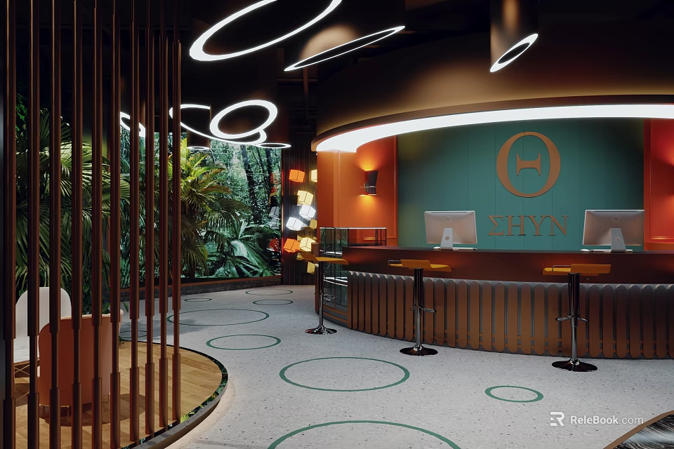 Modern Internet Cafe Interior Featuring Circular Lights And Green Plants 3d model