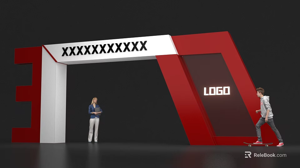 Red and White Event Archway with LOGO and People Standing Skateboarding 3d model 
