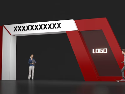 Red and White Event Archway with LOGO and People Standing Skateboarding 3d model