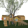 Outdoor Wooden Play Equipment With Climbing Wall Slide Circular Windows And Rope Net Under Tree