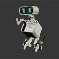 Futuristic White Robot Character With Blue Display Eyes And Mechanical Arm In Dark Background