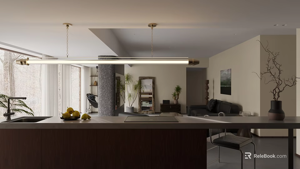 Modern Open Plan Dining And Living Room With Dark Wood Island And Cozy Home Decor 3d model 