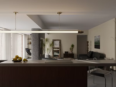 Modern Open Plan Dining And Living Room With Dark Wood Island And Cozy Home Decor 3d model