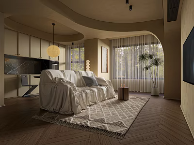 Modern Dining and Living Room Interior With White Sofa Patterned Rug and Wooden Flooring 3d model