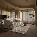 Modern Dining and Living Room Interior With White Sofa Patterned Rug and Wooden Flooring