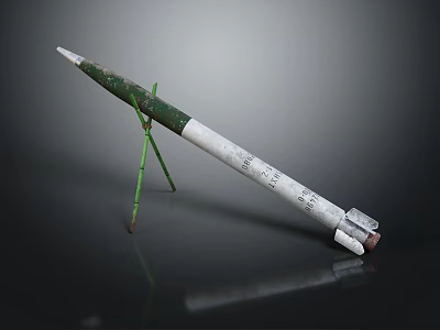 Green And White Rocket Weapon On Green Stand Against Dark Reflective Background 3d model