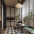 Decorative Home Balcony with Minion Cloud Mural Checkered Floor Bamboo Blinds Table Chairs and Plants
