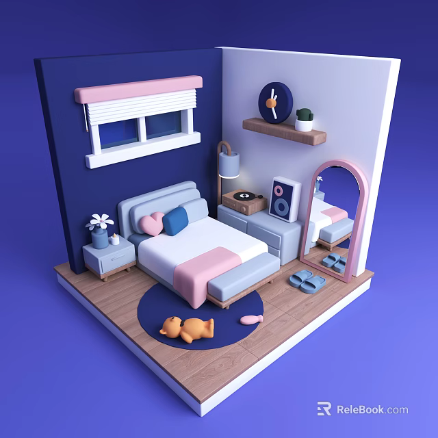 Cartoon Bedroom Scene With Cozy Blue Bed Pink Pillows Wooden Shelf Mirror And Stuffed Toy 3d model 