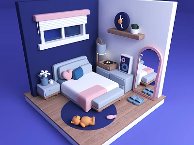 Cartoon Bedroom Scene With Cozy Blue Bed Pink Pillows Wooden Shelf Mirror And Stuffed Toy 3d model