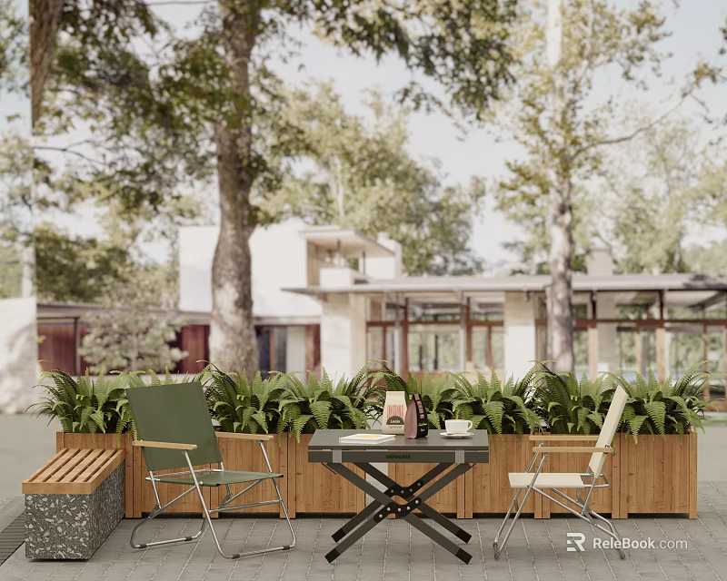 Green and Beige Outdoor Chairs With Wooden Table Lush Plants in Garden Patio Setting 3d model 