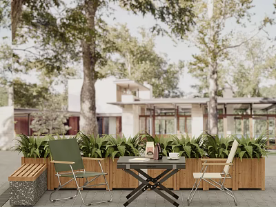Green and Beige Outdoor Chairs With Wooden Table Lush Plants in Garden Patio Setting 3d model