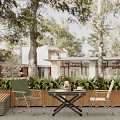 Green and Beige Outdoor Chairs With Wooden Table Lush Plants in Garden Patio Setting