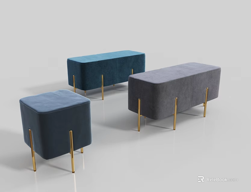 Velvet Upholstered Ottoman Stools in Blue Dark Blue Grey with Modern Golden Legs Design 3d model 