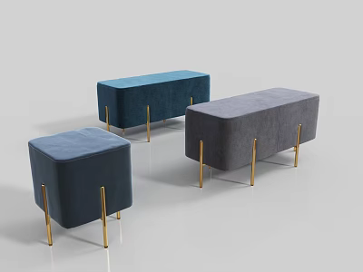 Velvet Upholstered Ottoman Stools in Blue Dark Blue Grey with Modern Golden Legs Design 3d model