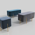 Velvet Upholstered Ottoman Stools in Blue Dark Blue Grey with Modern Golden Legs Design