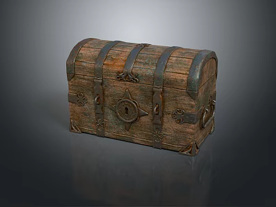 Antique Wooden Chest In Rustic Style With Metal Straps Lock And Decorative Carvings 3d model