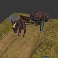Donkey Pulling Cart With Wooden Barrel Stones And Fence On Dirt Path