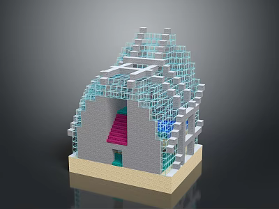 3D Architectural Model With Grid Frame Pink Staircase And Blue Windows 3d model