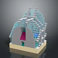 3D Architectural Model With Grid Frame Pink Staircase And Blue Windows