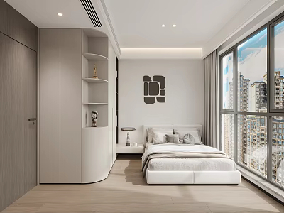 Modern Bedroom Interior With White Bed Large Windows Wardrobe And City View Wall Art 3d model