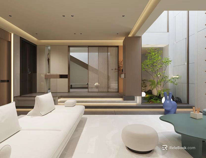 Modern Minimalist Living Room With Soft White Sofa Indoor Greenery And Warm Ambient Lighting 3d model 