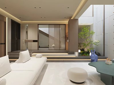 Modern Minimalist Living Room With Soft White Sofa Indoor Greenery And Warm Ambient Lighting 3d model