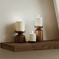 Warm Lit Candle Lamps On Rustic Wooden Shelf For Home Interior Decor