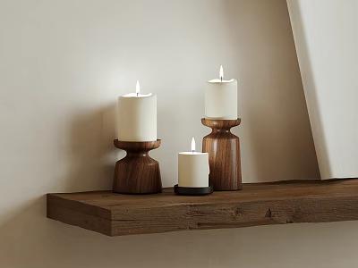 Warm Lit Candle Lamps On Rustic Wooden Shelf For Home Interior Decor 3d model