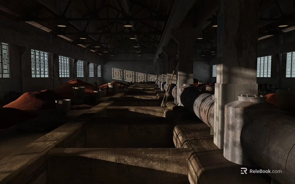 Dark Spacious Vintage Industrial Factory Interior With Large Rusty Pipes And Tall Grid Side Windows 3d model 