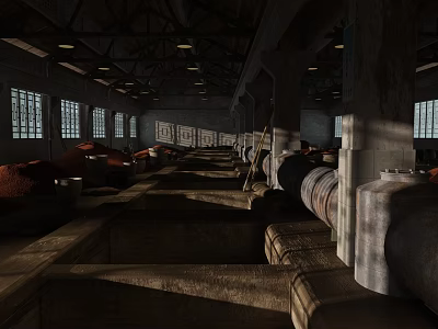 Dark Spacious Vintage Industrial Factory Interior With Large Rusty Pipes And Tall Grid Side Windows 3d model