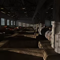 Dark Spacious Vintage Industrial Factory Interior With Large Rusty Pipes And Tall Grid Side Windows