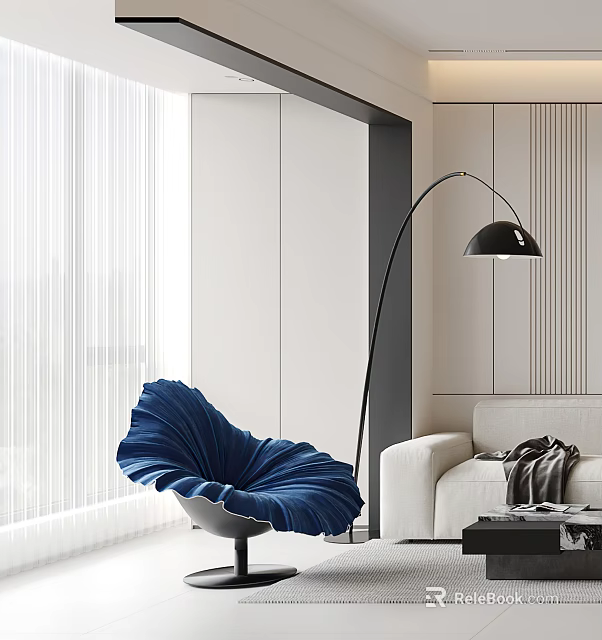 Blue Petal Shaped Lounge Chair In Modern Living Room With Floor Lamp And White Sofa 3d model 