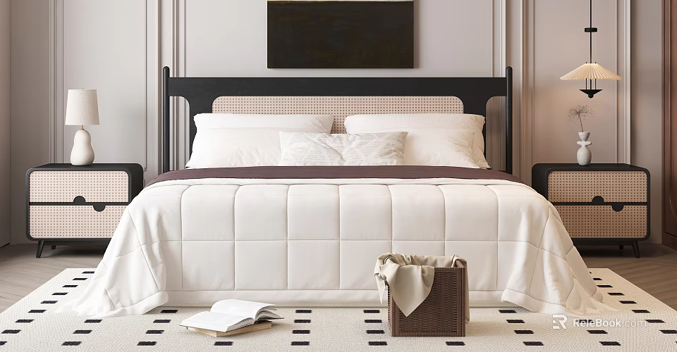 Double Bed With Black Woven Headboard White Quilt And Brown Woven Basket On Checkered Rug 3d model 