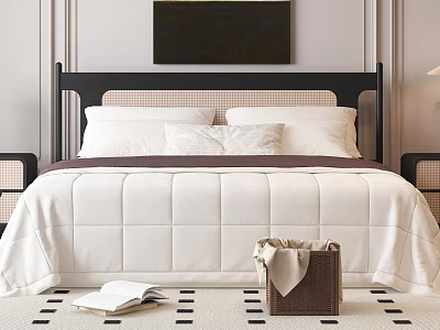Double Bed With Black Woven Headboard White Quilt And Brown Woven Basket On Checkered Rug 3d model