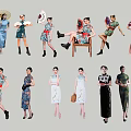 Group of Women in Elegant Traditional Qipao with Various Styles and Poses