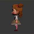 Cartoon Girl With Curly Brown Hair Buns White Blouse Brown Skirt Striped Socks Red Shoes