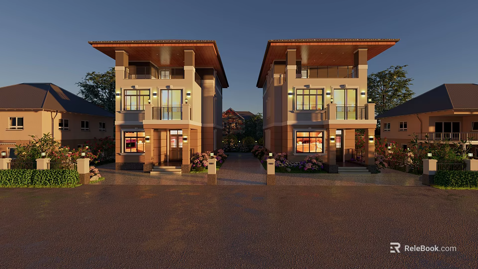 Twin Modern Detached Villas Exterior With Large Windows And Evening Lighting 3d model 