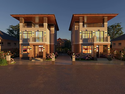 Twin Modern Detached Villas Exterior With Large Windows And Evening Lighting 3d model