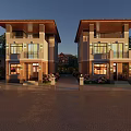 Twin Modern Detached Villas Exterior With Large Windows And Evening Lighting