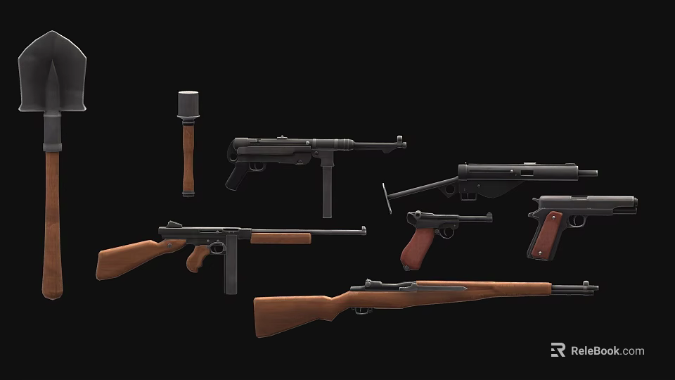Various Weapons Including Submachine Guns Pistols Rifles And Hammers On Black Background 3d model