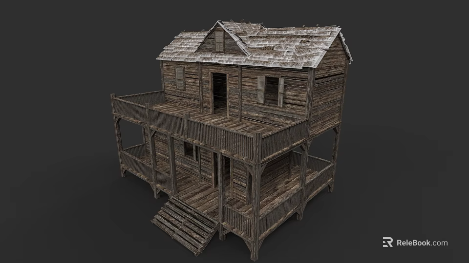 Garden Landscape Featuring Traditional Two Story Wooden House With Balcony And Stairs 3d model 