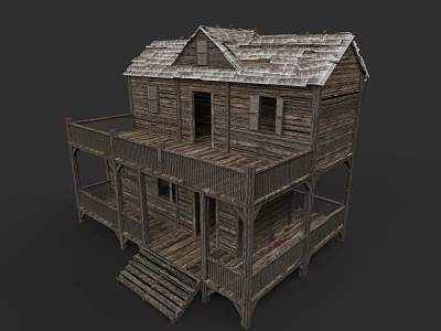 Garden Landscape Featuring Traditional Two Story Wooden House With Balcony And Stairs 3d model