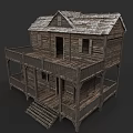 Garden Landscape Featuring Traditional Two Story Wooden House With Balcony And Stairs