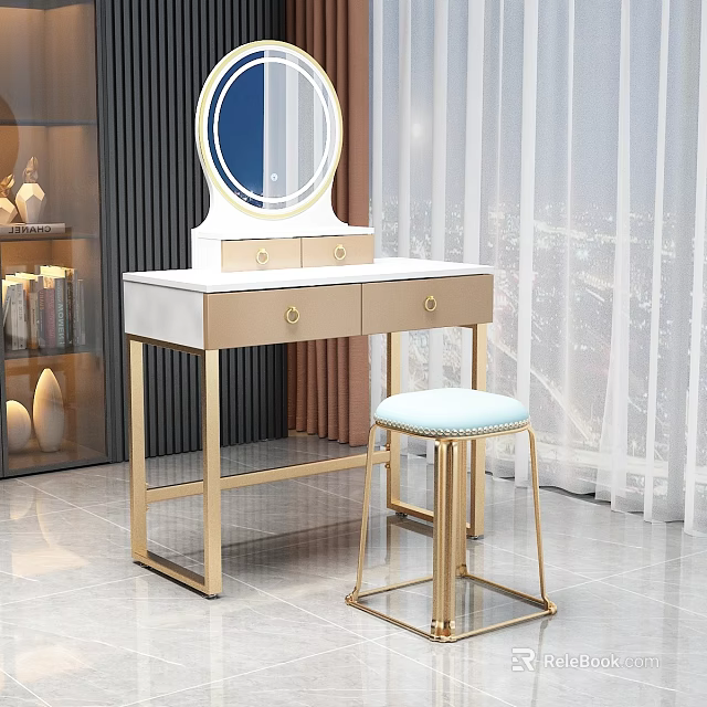 Elegant Dressing Table With Gold Frame Round Mirror Marble Countertop Drawers And Matching Stool 3d model 